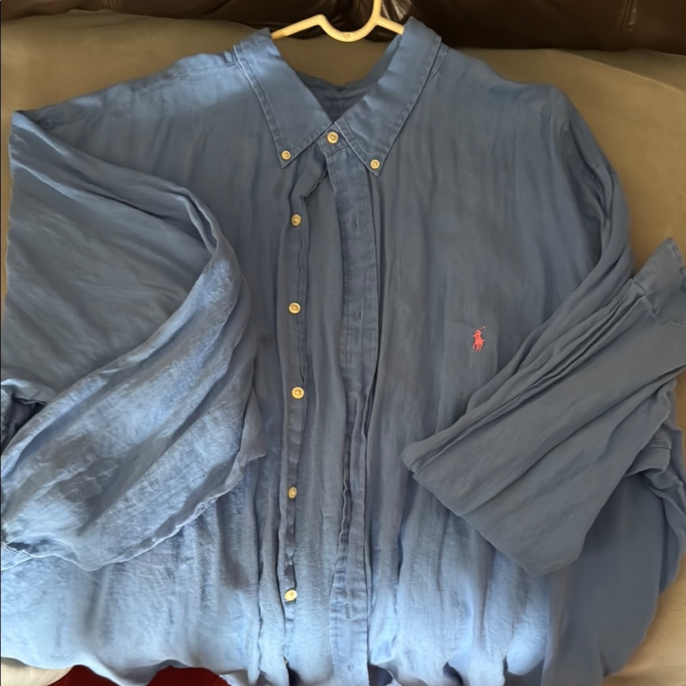 Blue distressed POLO LINEN Button-Up Shirt with PINK Logo